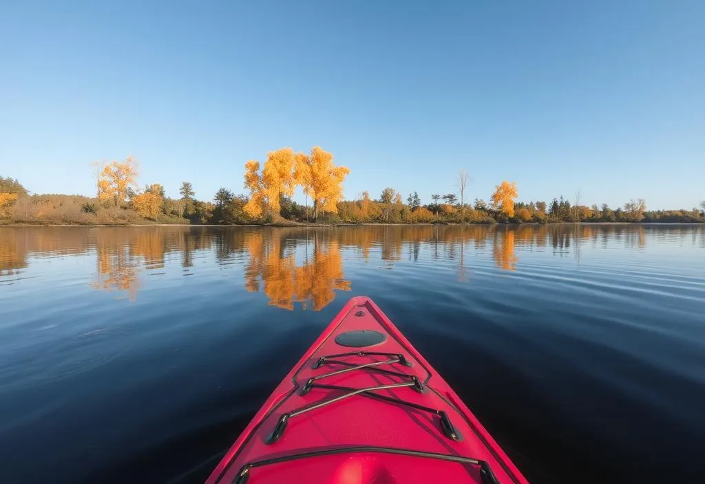 A kayak on a lake in fall with changing leaves