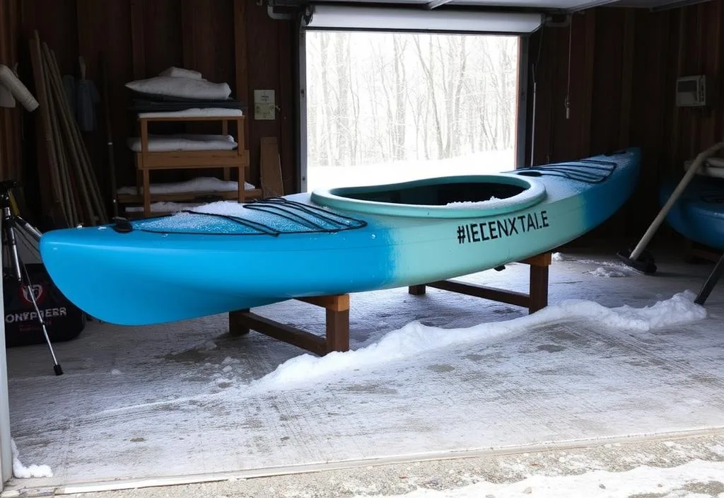 A kayak stored in a garage during winter