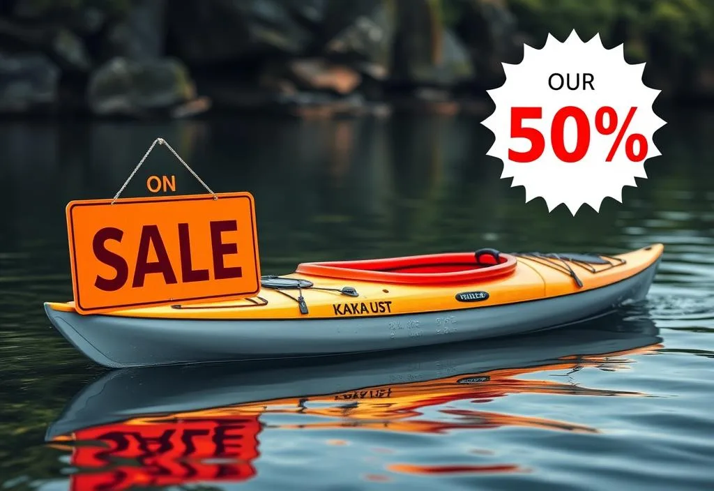 A kayak on sale with a discount sign