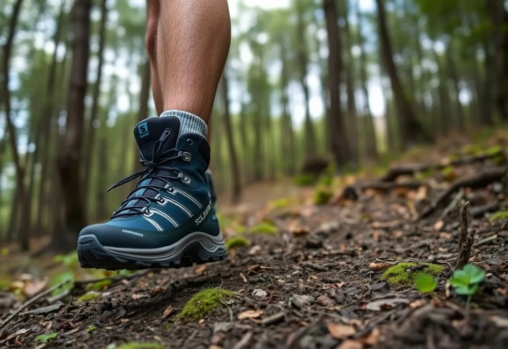 A person hiking in the woods with Salomon Quest 4D 3 GTX boots