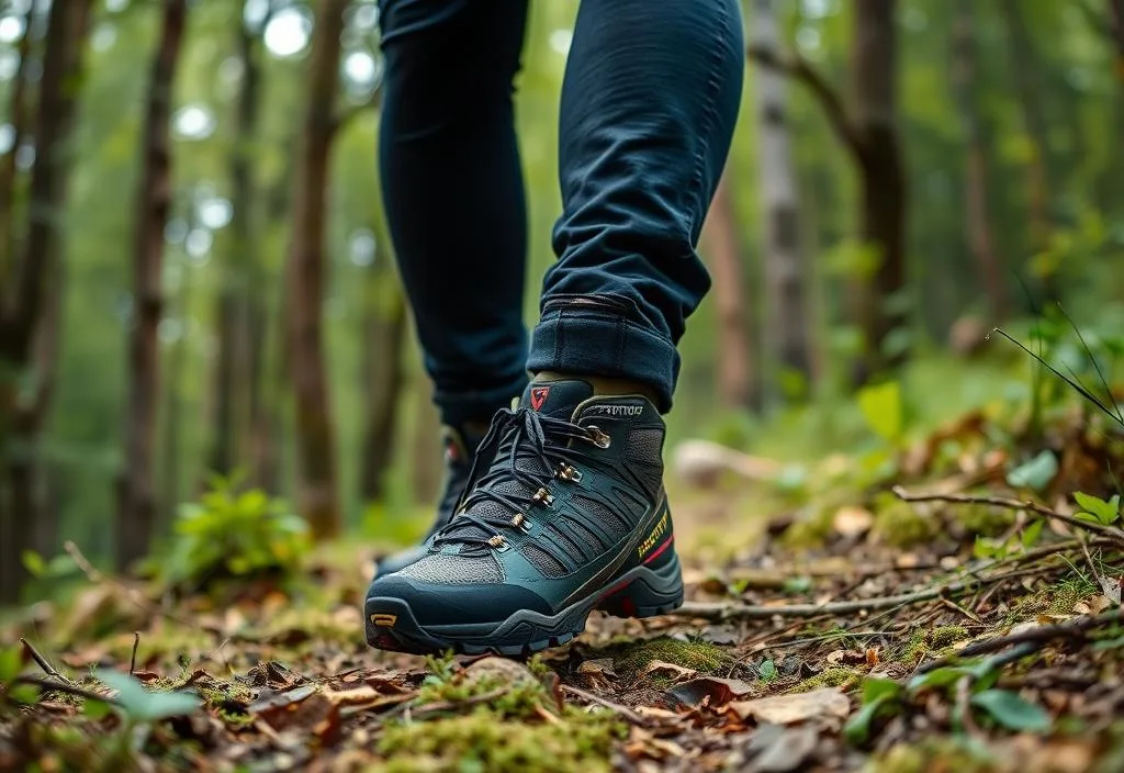 A person hiking in the woods with La Sportiva Raptor GTX boots