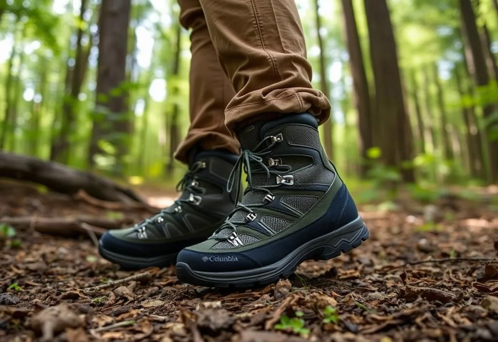 A person wearing Columbia Newton Ridge Plus II boots in the woods