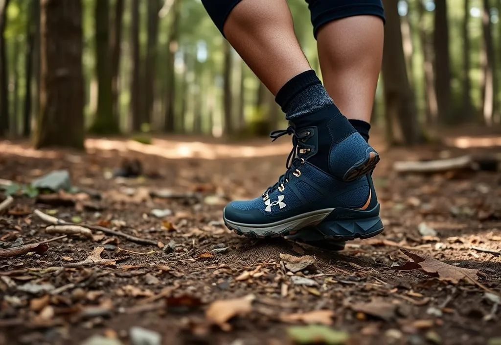 A person wearing Under Armour Speedform Apex boots in the woods