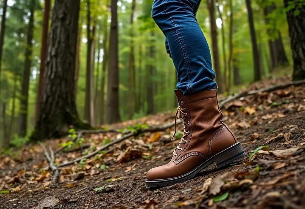 A person hiking in the woods with Thorogood American Heritage 6-Inch boots