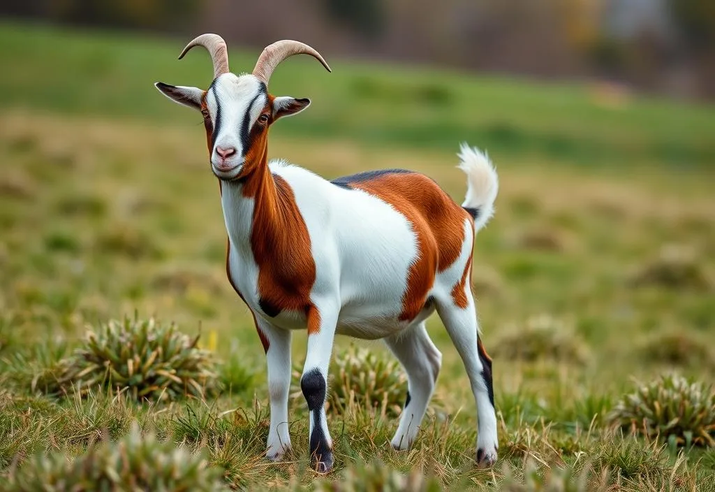 A photo of a Tennessee Fainting Goat standing in a field