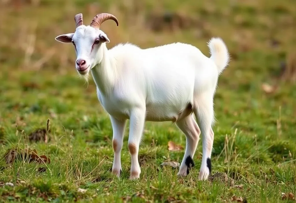 A photo of a Tennessee Fainting Goat standing in a field