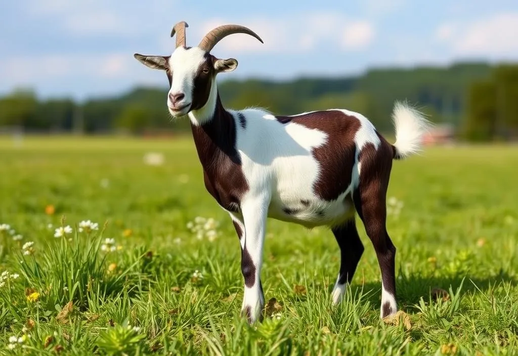 A photo of a Tennessee Fainting Goat standing in a field