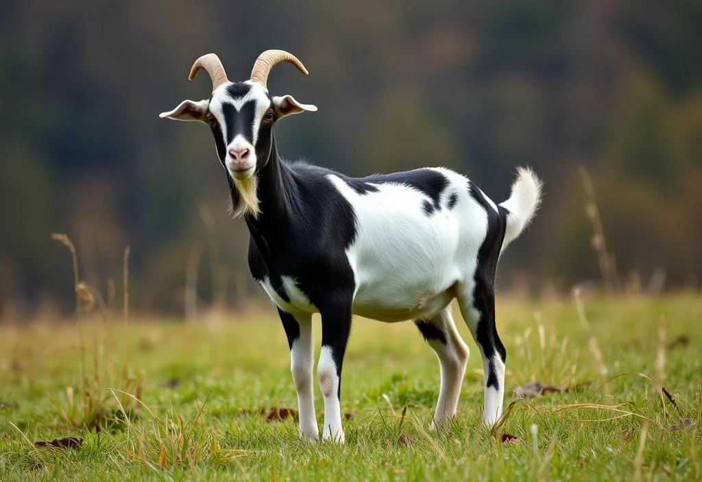 A photo of a Tennessee Fainting Goat standing in a field