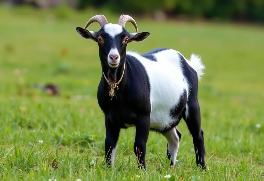 A photo of a Tennessee Fainting Goat standing in a field