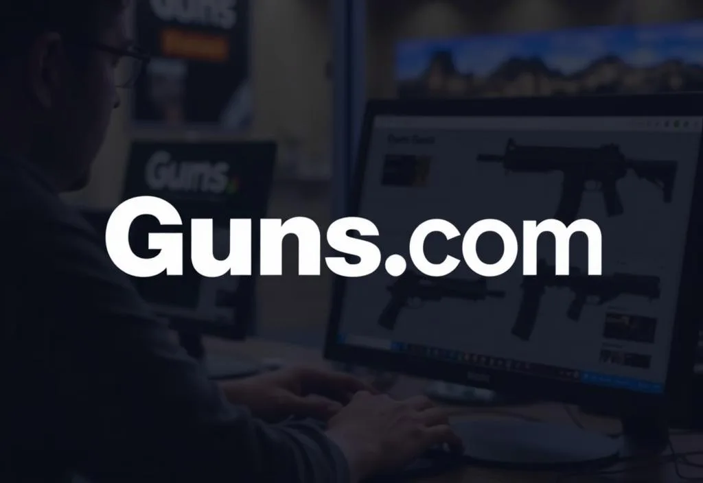 A digital image of a person shopping on a computer with a Guns.com logo