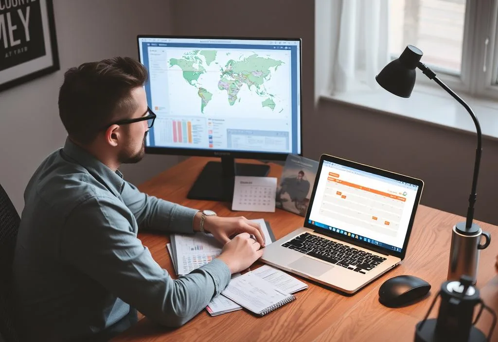 A person sitting at a desk with a map, calendar, and laptop