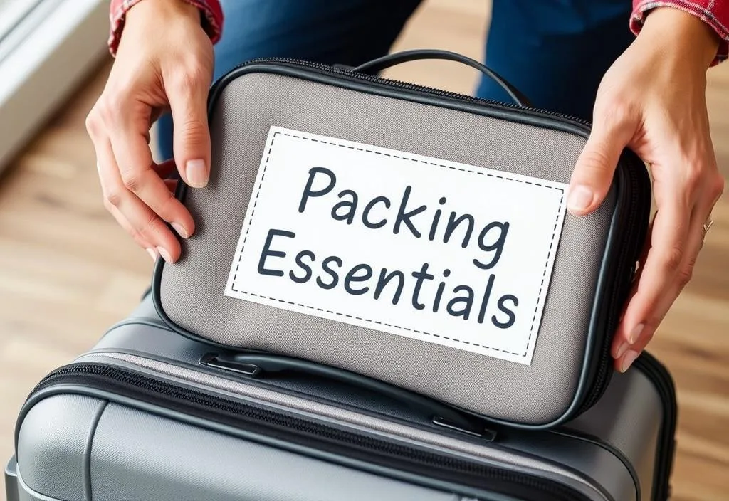 A person packing a suitcase with a label that says 'Packing Essentials'