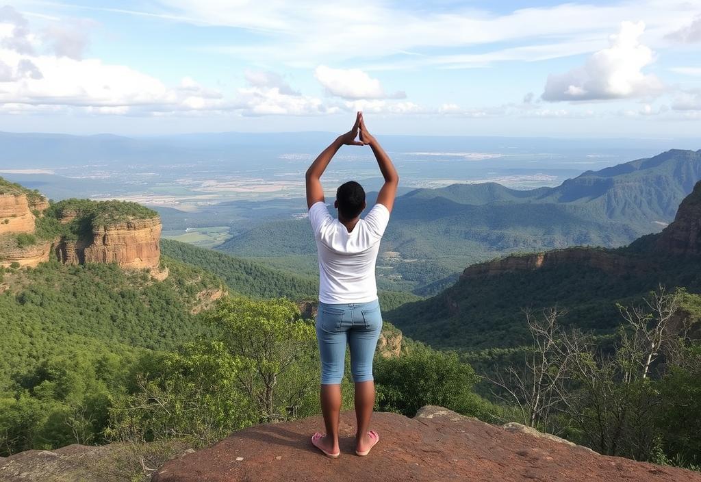 A person standing in front of a scenic view with a flexible pose