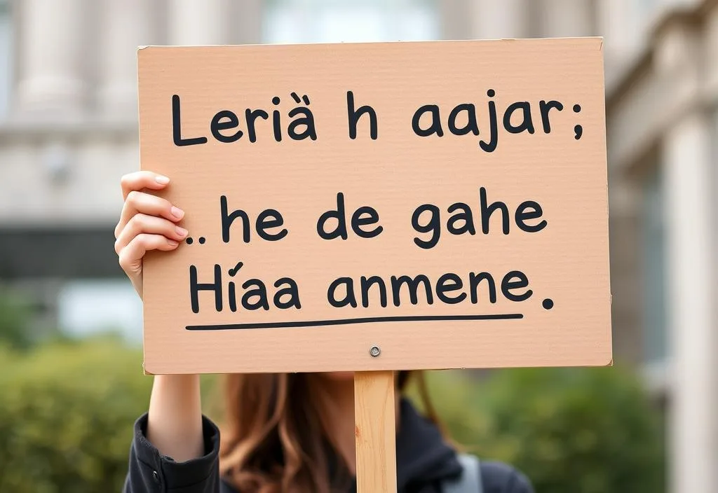 A person holding a sign with a phrase in a foreign language