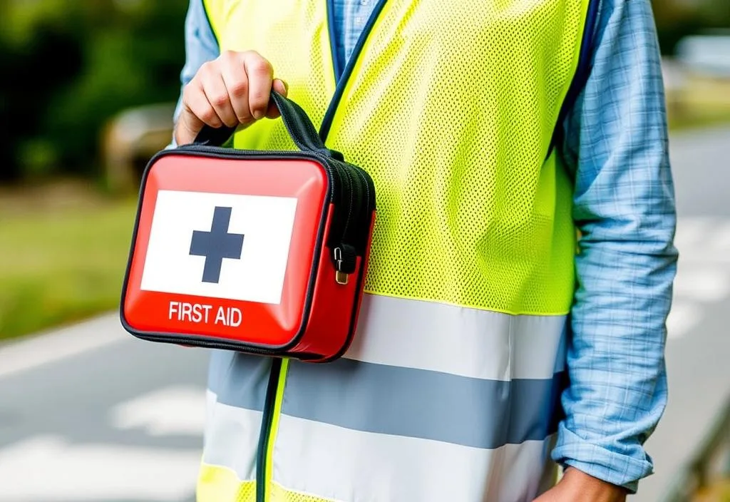 A person wearing a safety vest and holding a first-aid kit