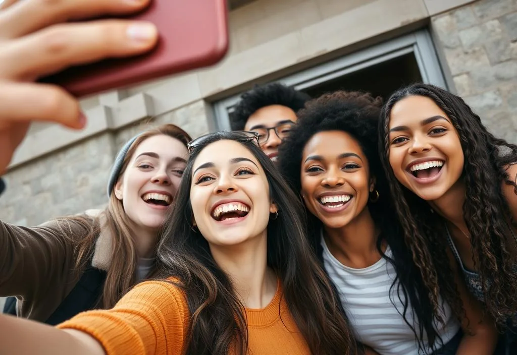 A person laughing and taking a selfie with a group of friends