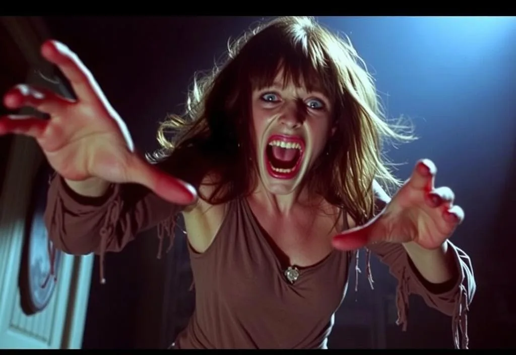 A possessed Regan MacNeil (Linda Blair) in a terrifying pose