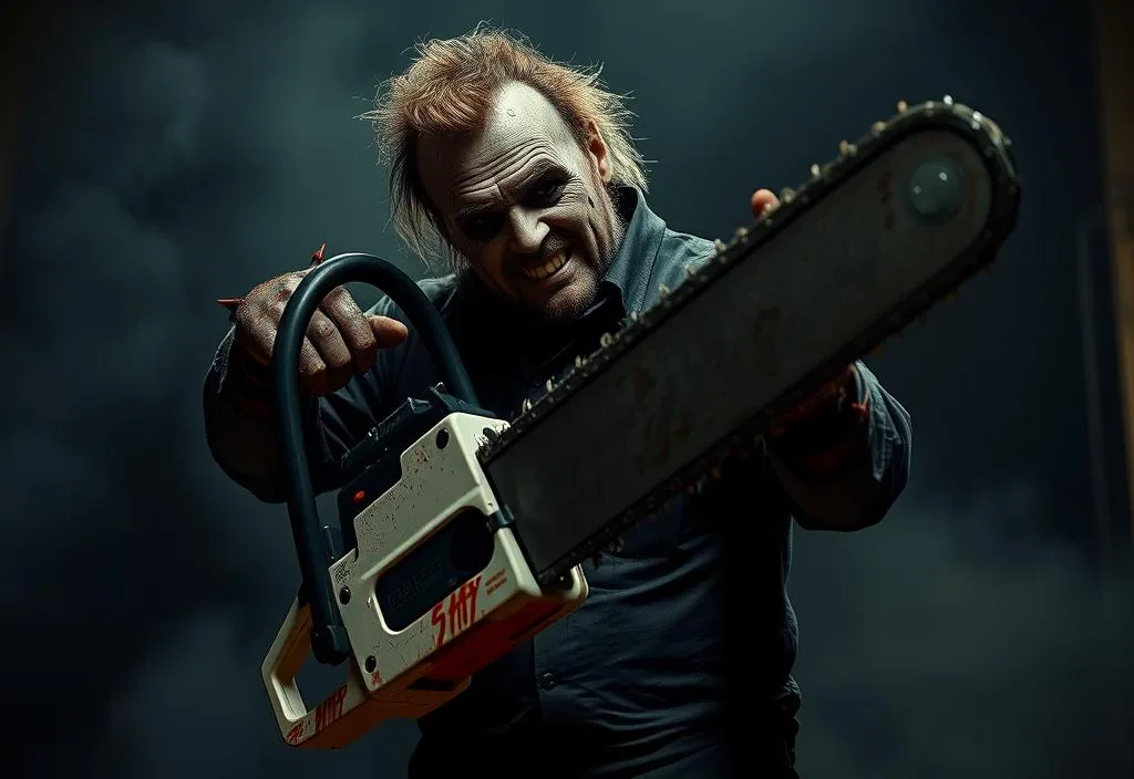 Leatherface (Gunnar Hansen) in a iconic pose with his chainsaw