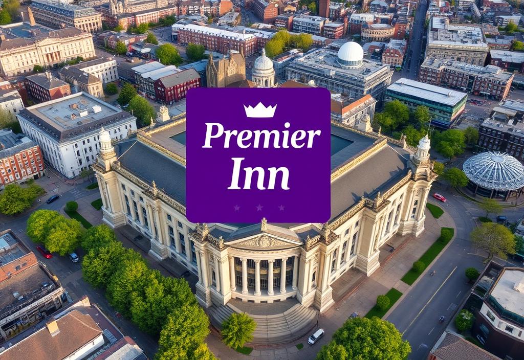 Aerial view of the London County Hall with the Premier Inn logo