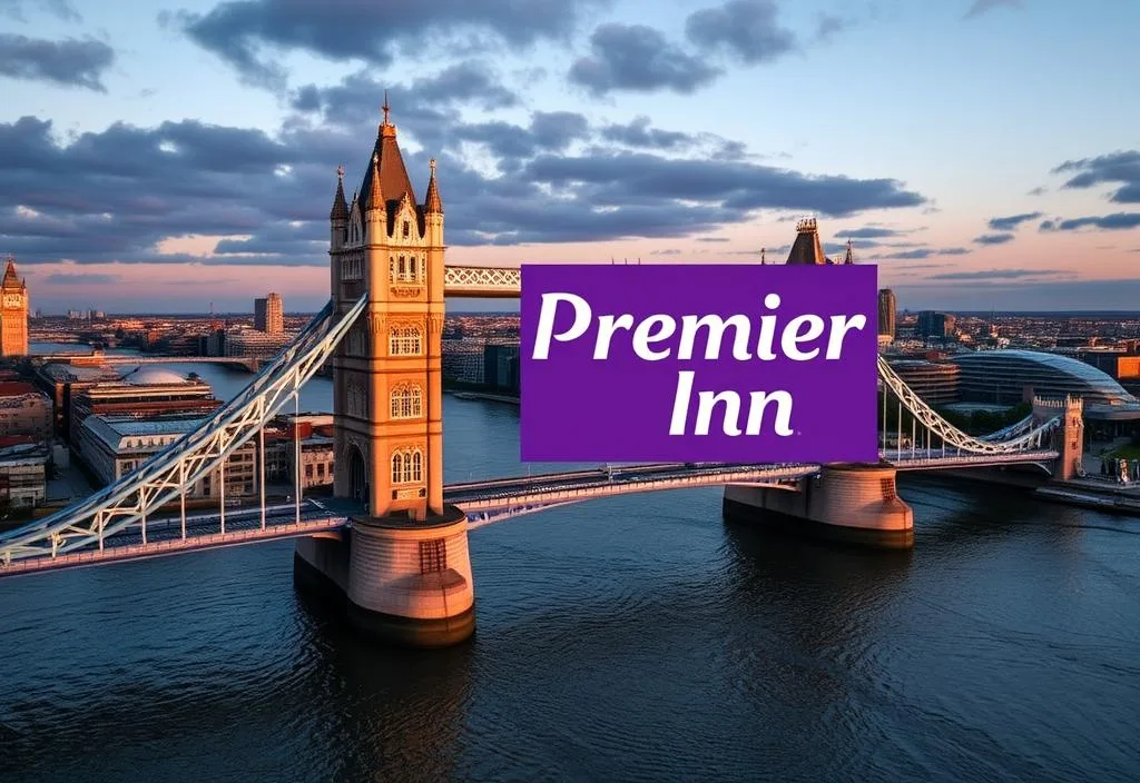 Aerial view of Tower Bridge with the Premier Inn logo