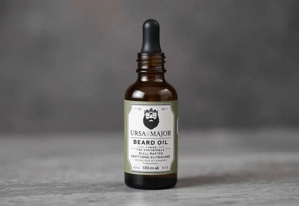 A bottle of Ursa Major Beard Oil with a dropper