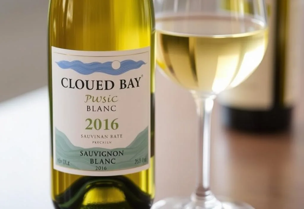 A bottle of Cloudy Bay Sauvignon Blanc with a glass of the wine in the background