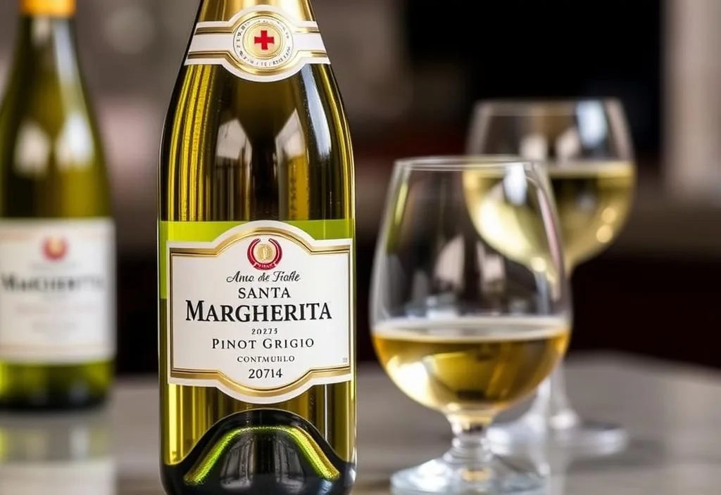 A bottle of Santa Margherita Pinot Grigio with a glass of the wine in the background