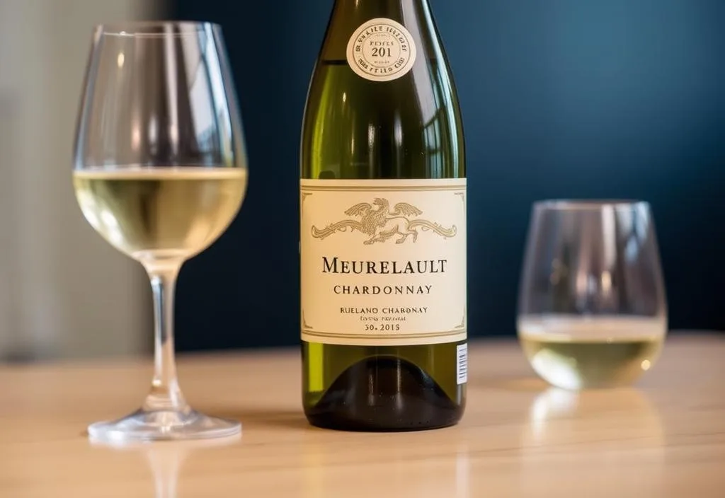 A bottle of Meursault Chardonnay with a glass of the wine in the background