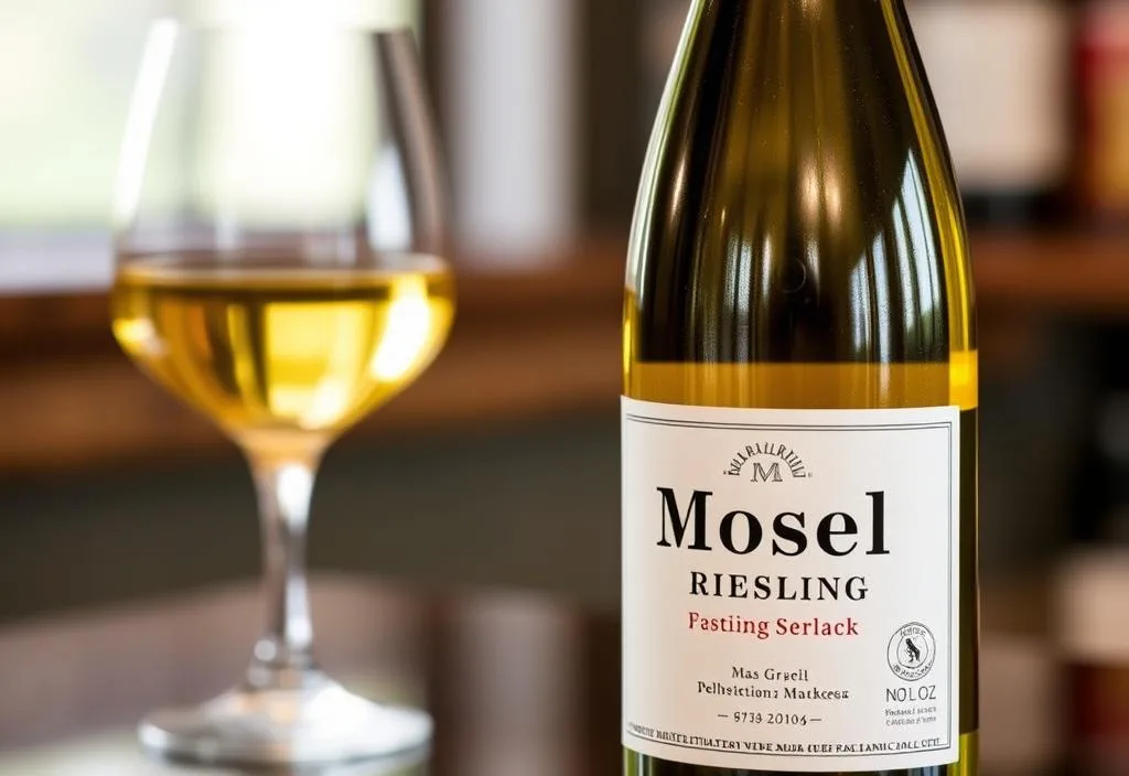 A bottle of Mosel Riesling with a glass of the wine in the background