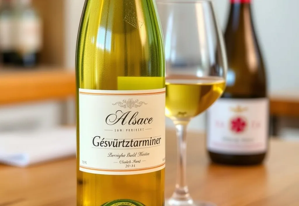 A bottle of Alsace Gewürztraminer with a glass of the wine in the background