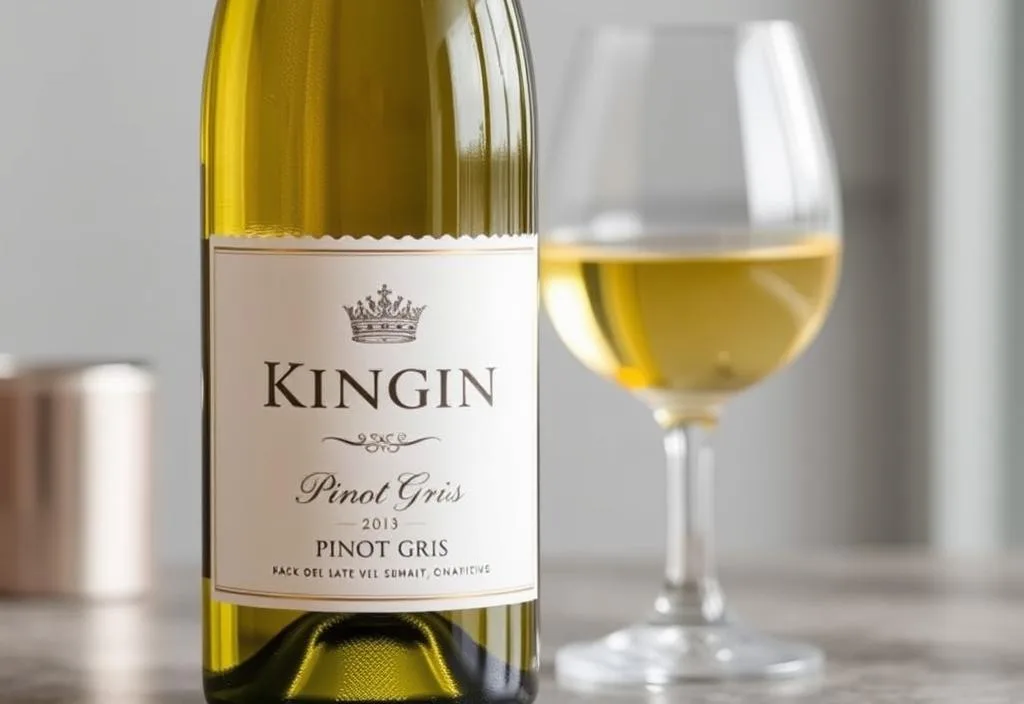 A bottle of King Estate Pinot Gris with a glass of the wine in the background