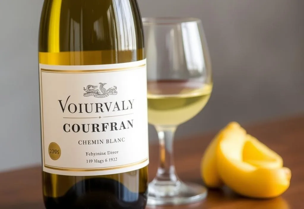 A bottle of Vouvray Chenin Blanc with a glass of the wine in the background