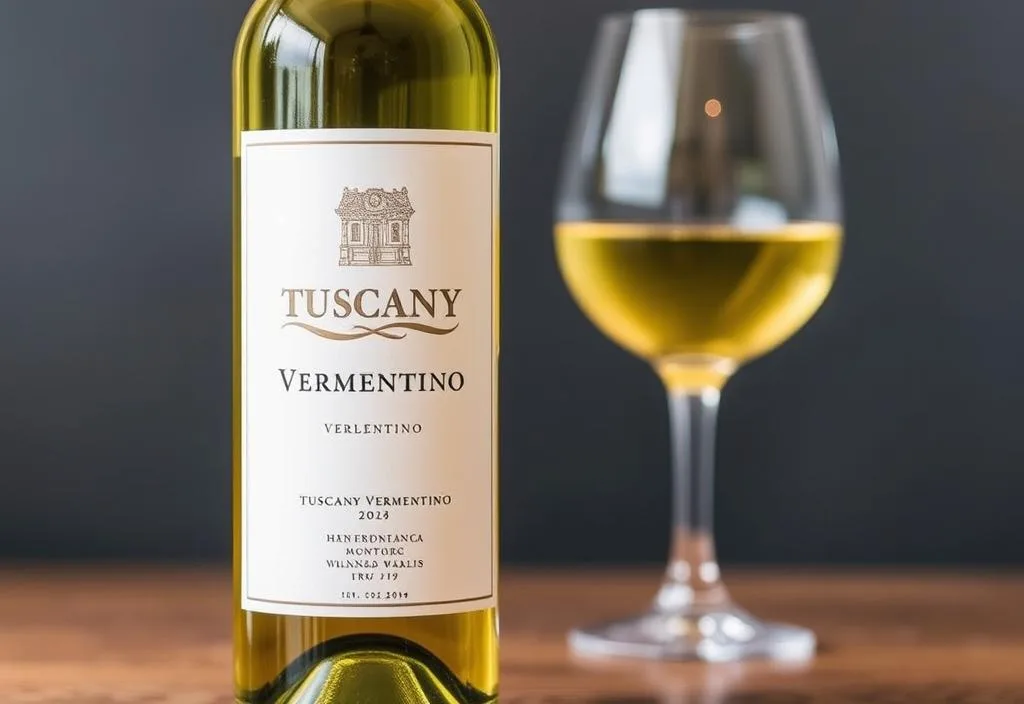 A bottle of Tuscany Vermentino with a glass of the wine in the background