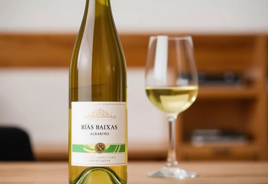 A bottle of Rías Baixas Albariño with a glass of the wine in the background