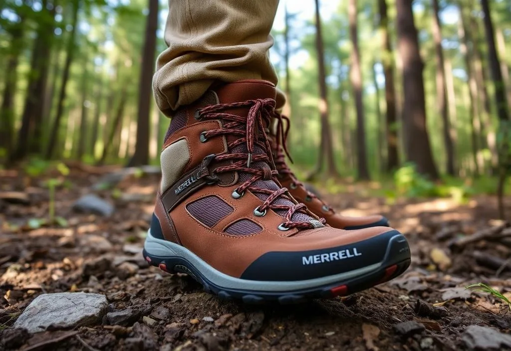 A pair of Merrell Moab 2 Mid Waterproof boots in the forest