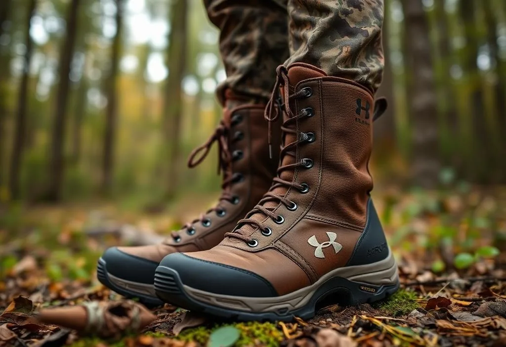 A pair of Under Armour Hunting Boot in the forest