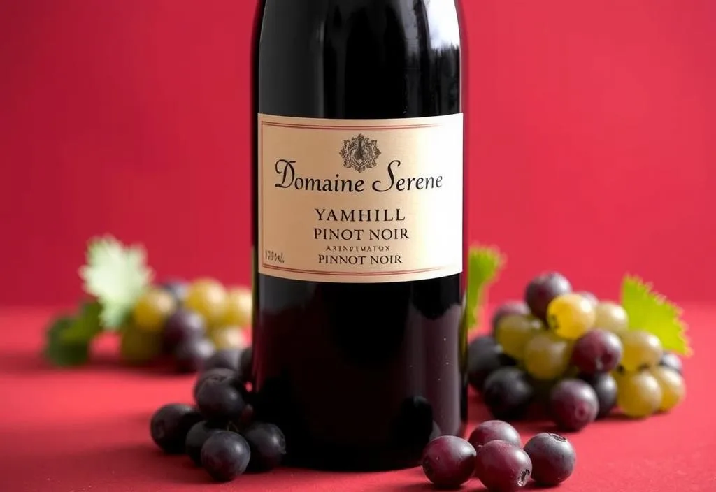 A bottle of Domaine Serene Yamhill Pinot Noir with a red background and a few grapes scattered around it.