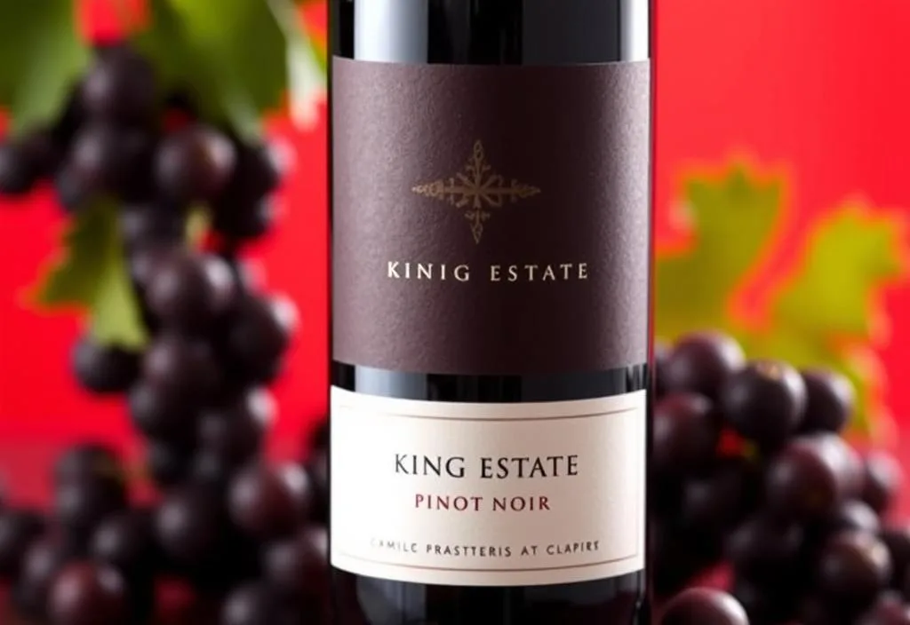 A bottle of King Estate Pinot Noir with a red background and a few grapes scattered around it.