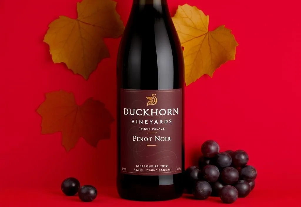 A bottle of Duckhorn Vineyards Three Palms Vineyard Pinot Noir with a red background and a few grapes scattered around it.