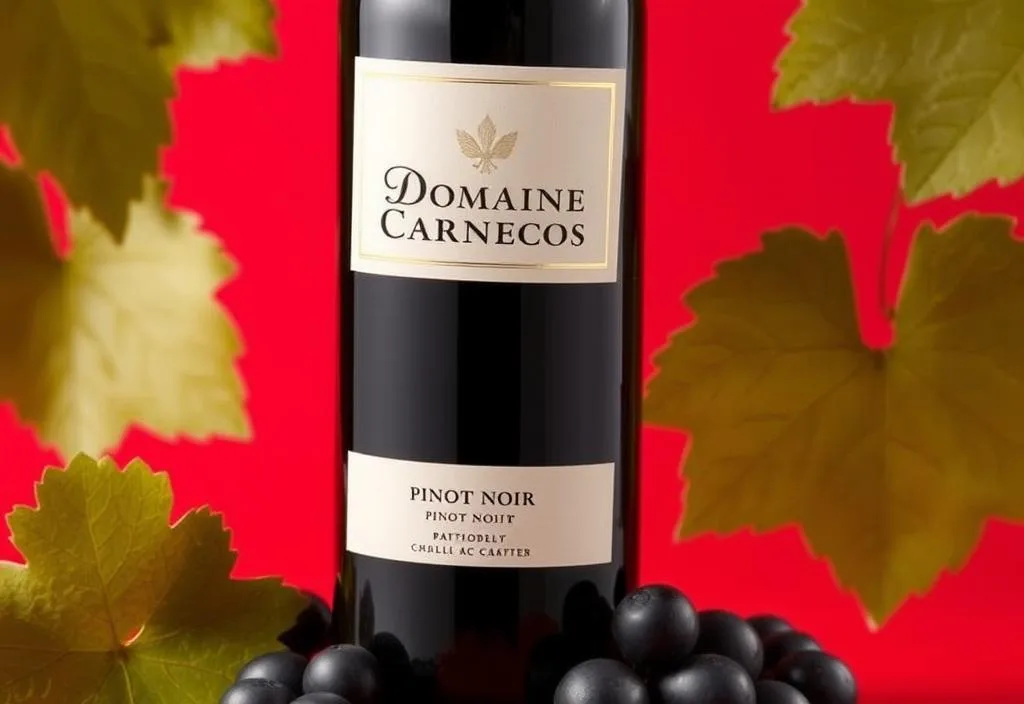 A bottle of Domaine Carneros Pinot Noir with a red background and a few grapes scattered around it.