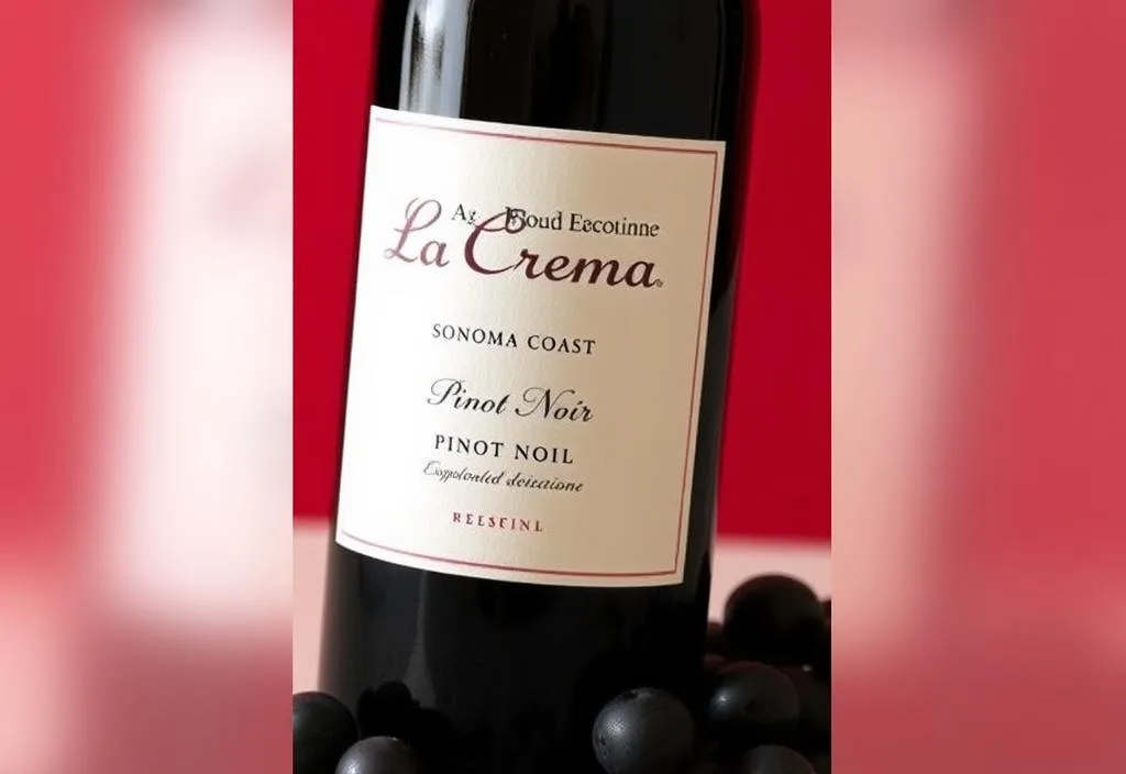 A bottle of La Crema Sonoma Coast Pinot Noir with a red background and a few grapes scattered around it.