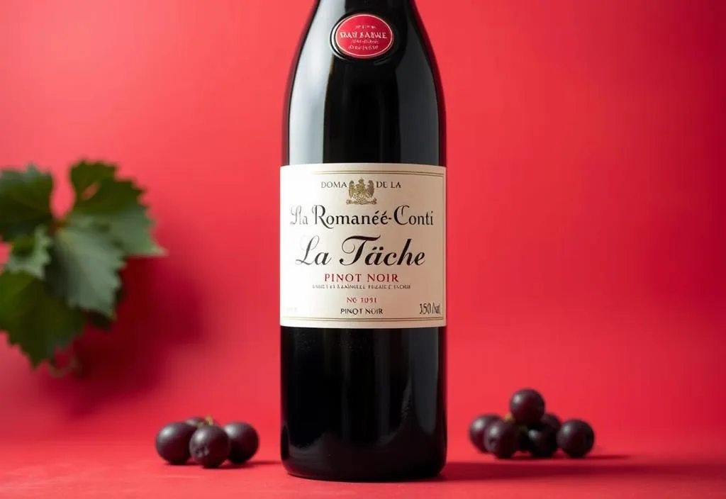 A bottle of Domaine de la Romanée-Conti La Tâche Pinot Noir with a red background and a few grapes scattered around it.