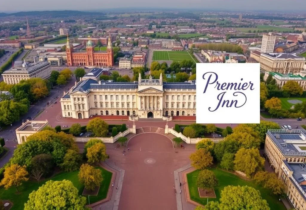 Aerial view of Buckingham Palace with the Premier Inn logo