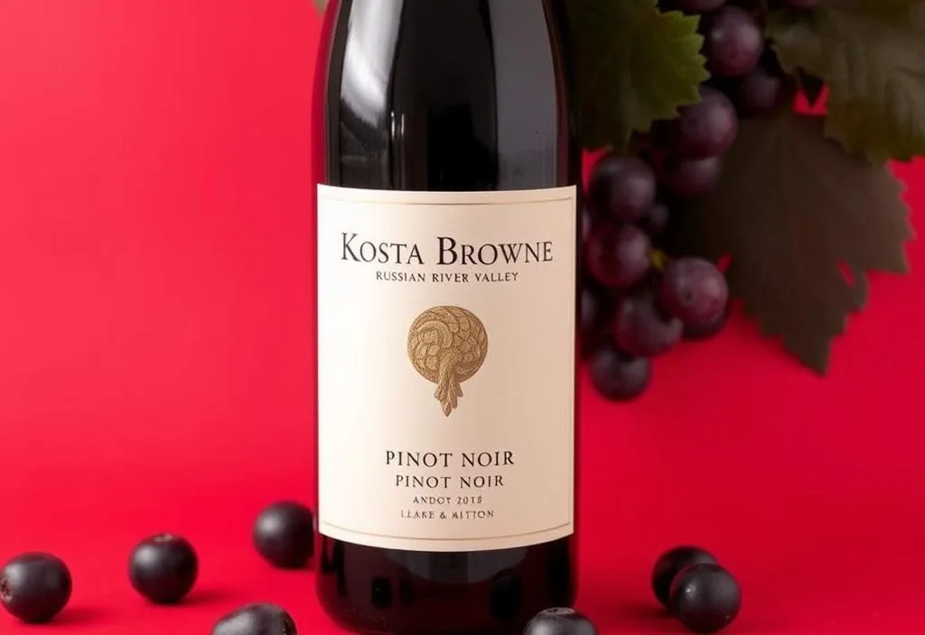 A bottle of Kosta Browne Russian River Valley Pinot Noir with a red background and a few grapes scattered around it.