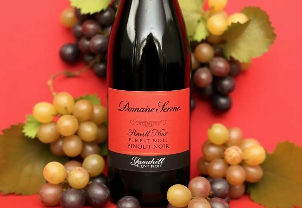 A bottle of Domaine Serene Yamhill Pinot Noir with a red background and a few grapes scattered around it.