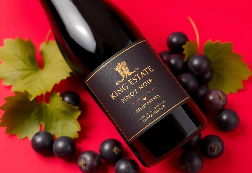 A bottle of King Estate Pinot Noir with a red background and a few grapes scattered around it.