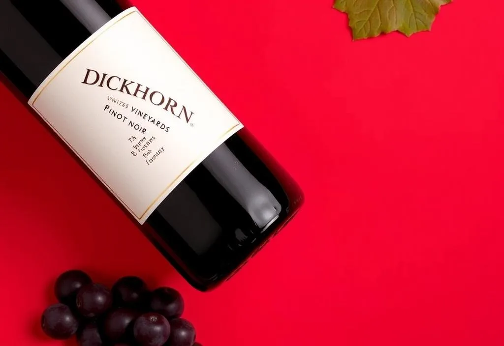 A bottle of Duckhorn Vineyards Three Palms Vineyard Pinot Noir with a red background and a few grapes scattered around it.