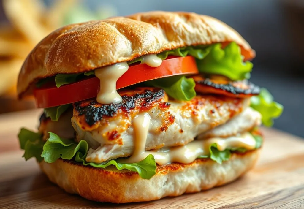 A juicy grilled chicken sandwich with lettuce, tomato, and mayo