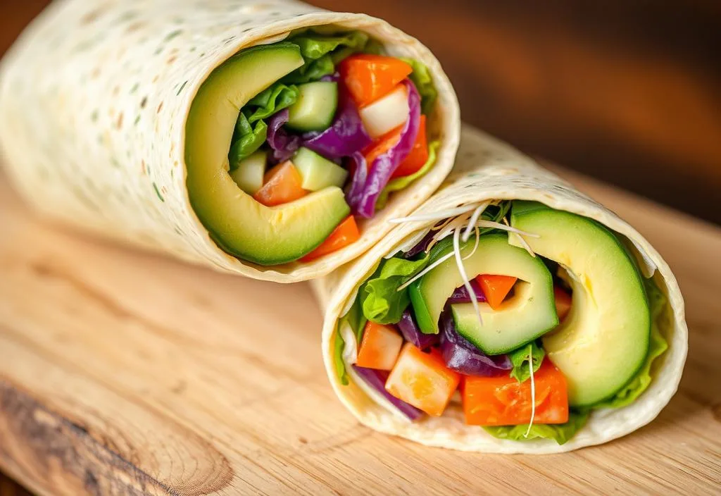 A colorful veggie wrap with avocado, cucumber, and sprouts