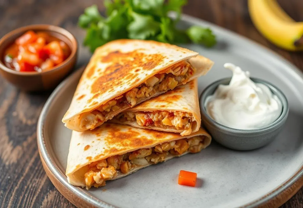 A crispy chicken quesadilla with salsa and sour cream